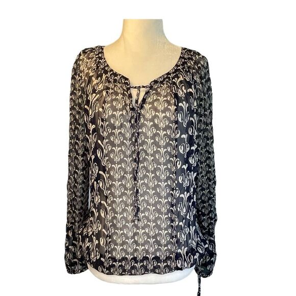 Lucky Bob Robshaw Calimesa Blouse Blue Tan Sheer Mixed Print Long Sleeve S - Picture 2 of 7